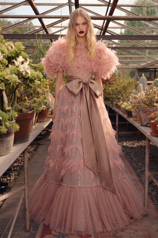 Vestido acampanado con mangas abullonadas y plumas