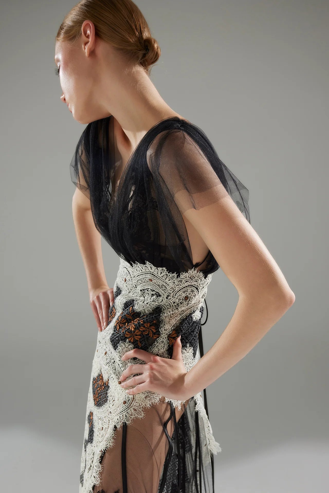 Bicolor Lace and Tulle V-Neck Gown