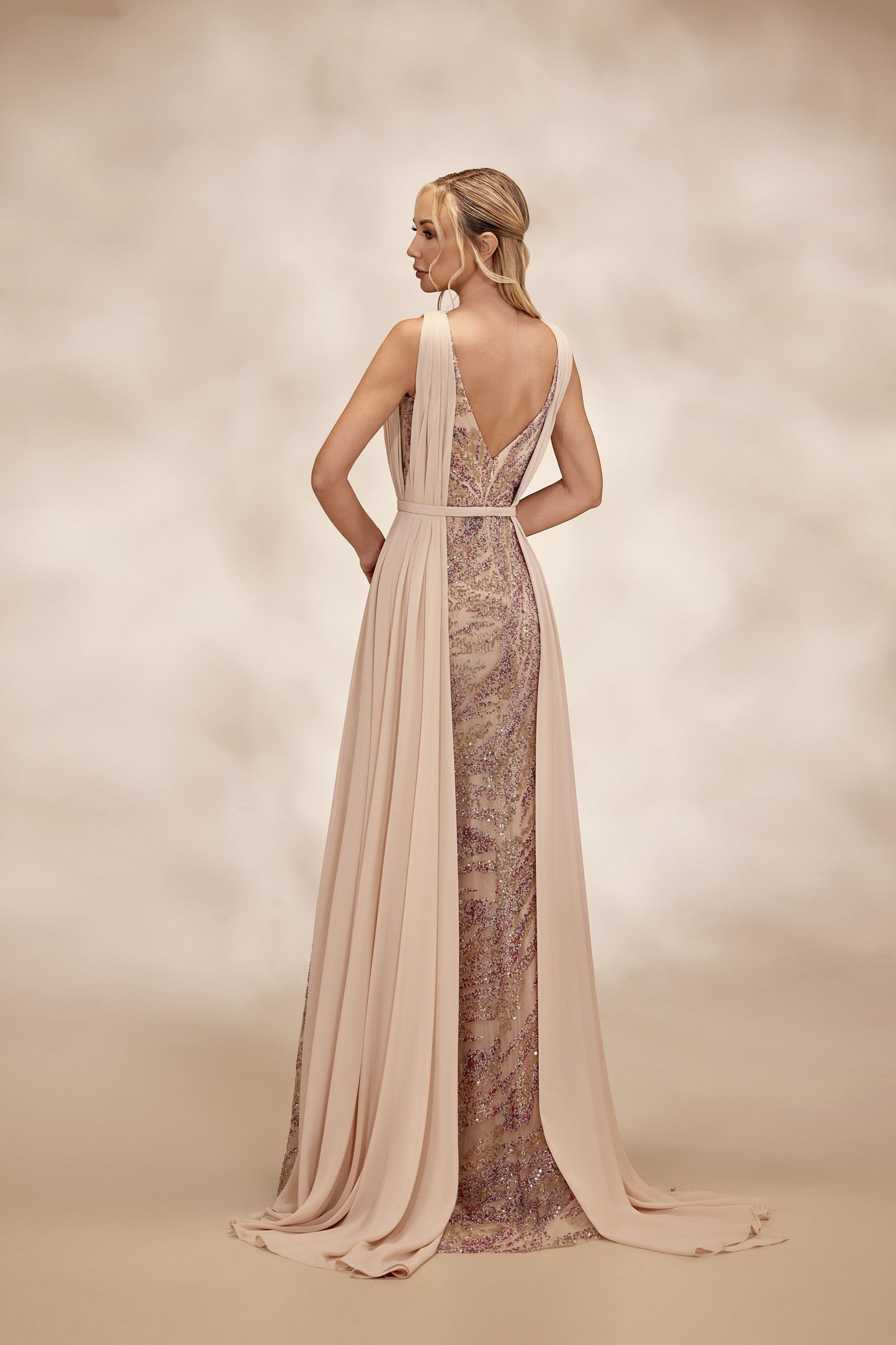 Nude V-Neck Beaded Dress
