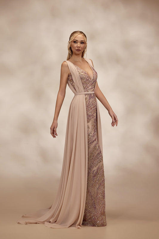 Nude V-Neck Beaded Dress