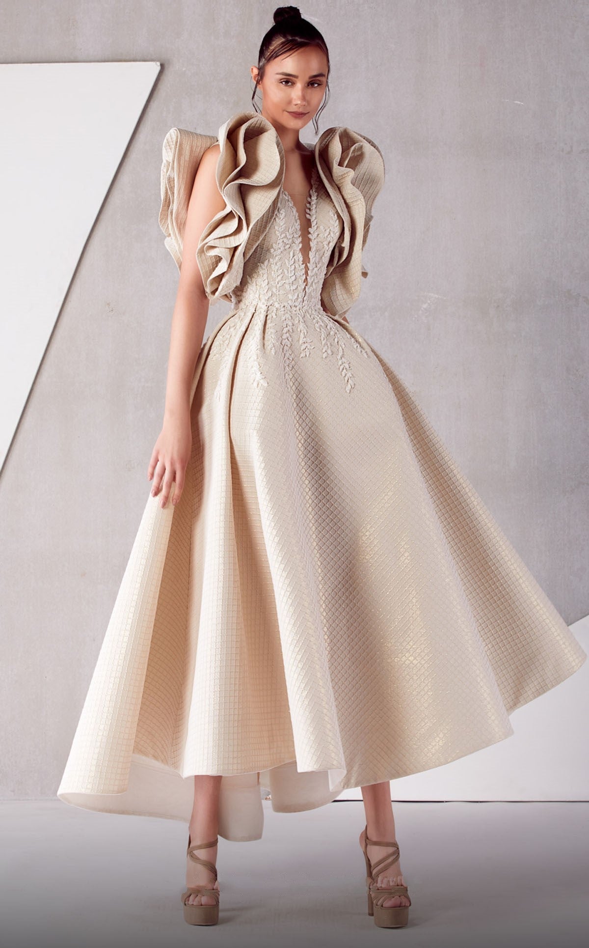 Ruffled Sleeve A-Line Midi Dress