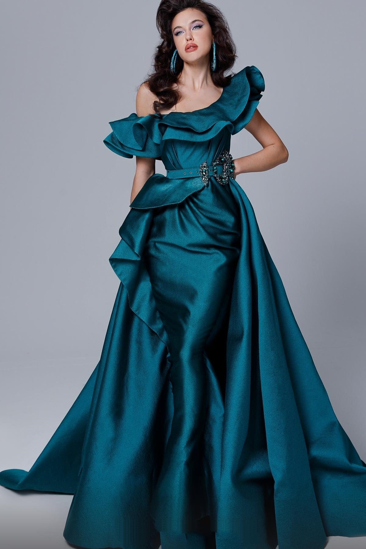 Ruffle Neck Off Shoulder Gown