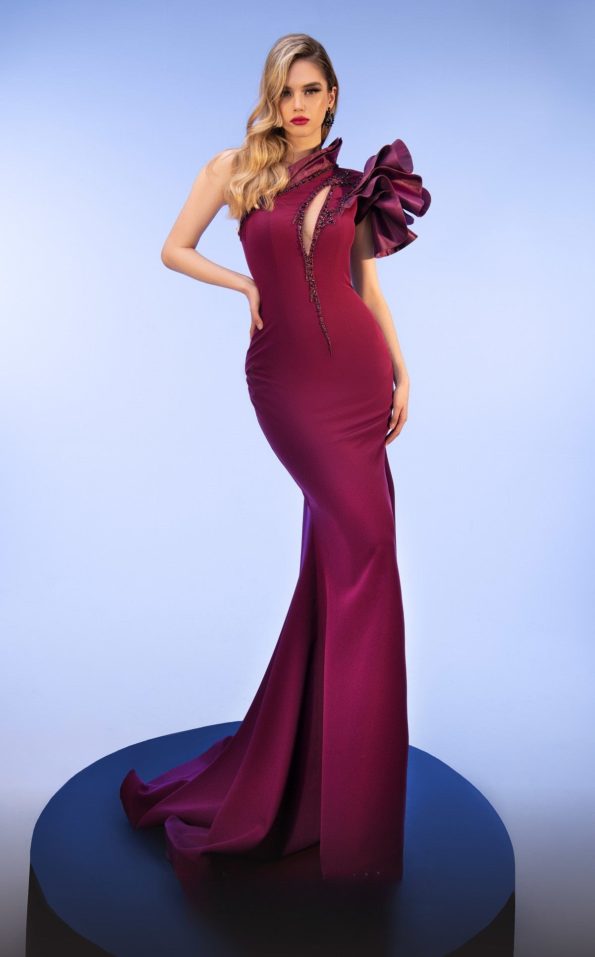 Ruffled Sleeve Cutout Gown