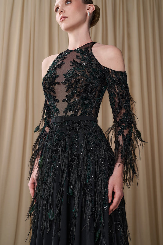 Feathered Cold-Shoulder Gown