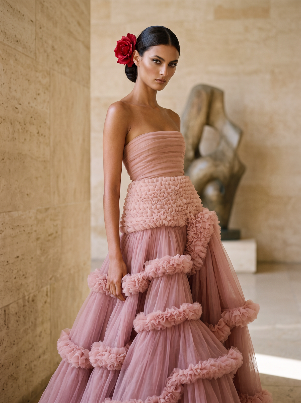 Strapless Ruffle A-Line Gown