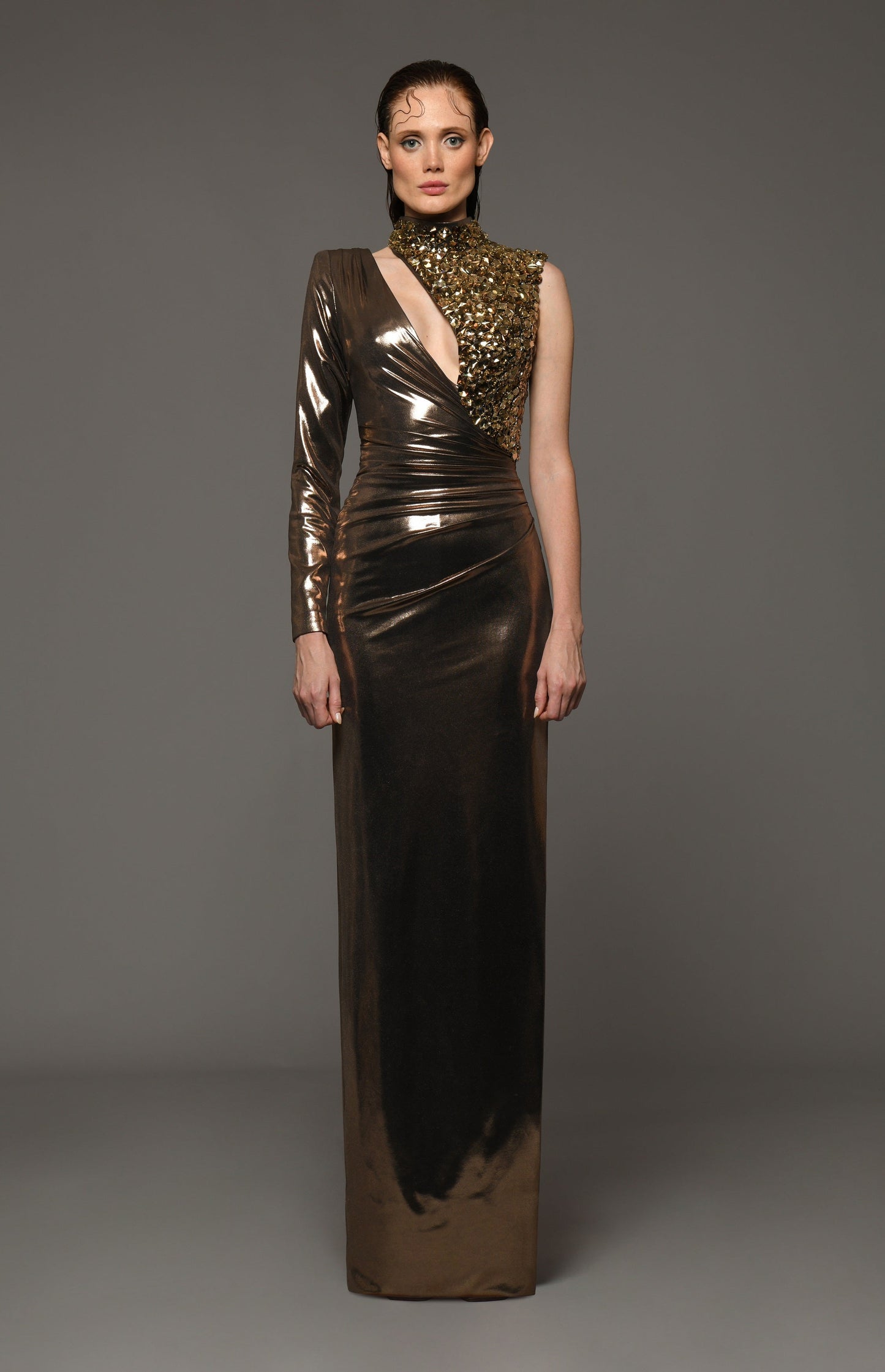 Long Sleeve Lamé Gown