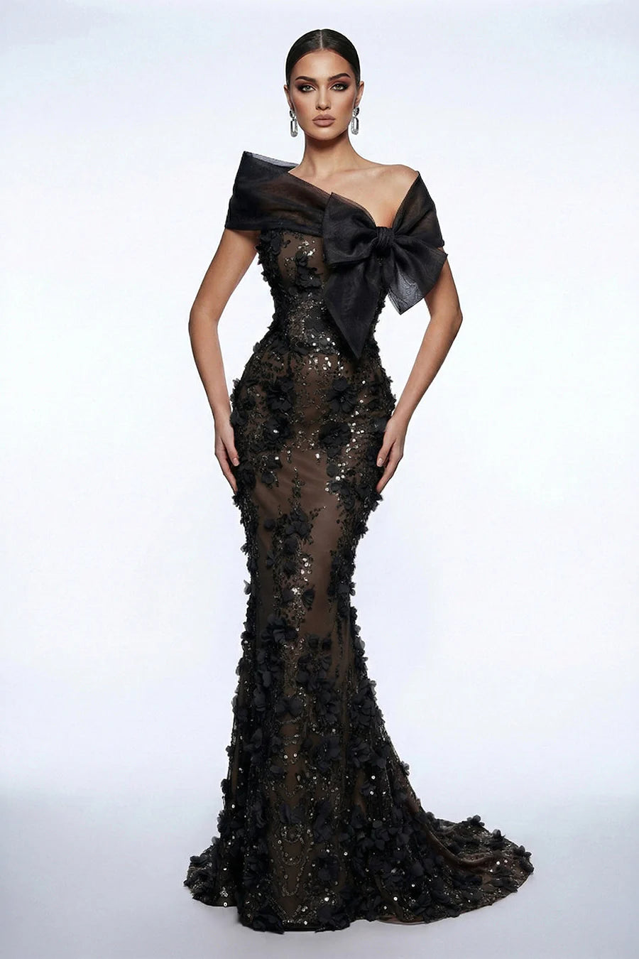 Off-Shoulder Floral Applique Mermaid Gown
