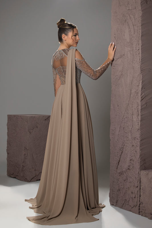 Beaded Cape-Sleeve Gown