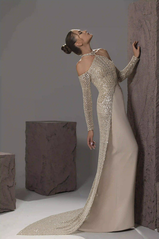 Halter Beaded Lattice Gown