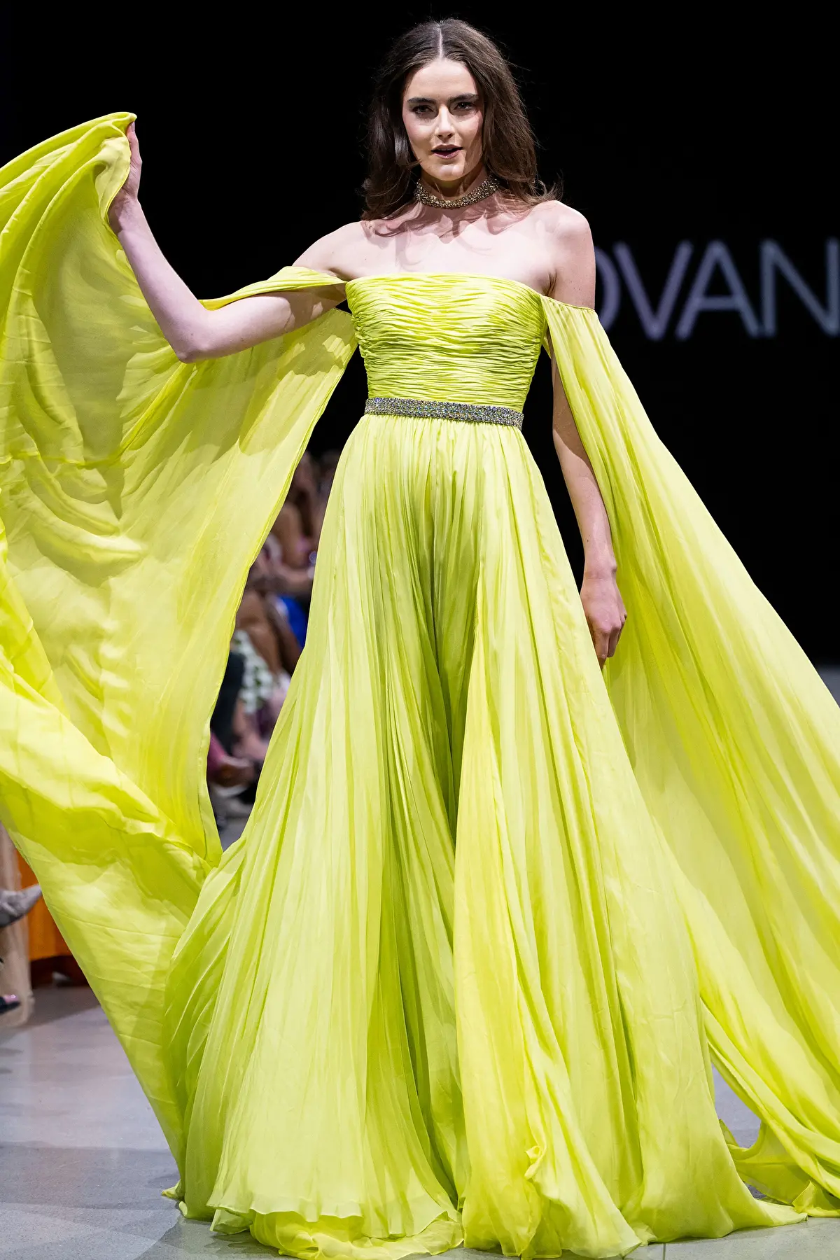 Ruched Off Shoulder Cape Sleeve Gown
