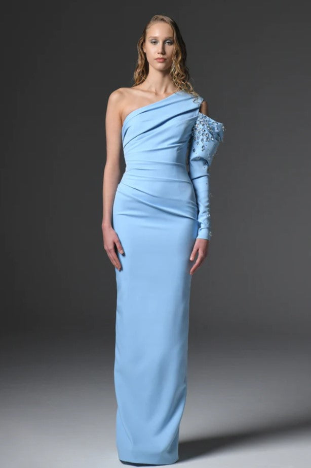 Asymmetric Crepe Gown with Embroidered Sleeve