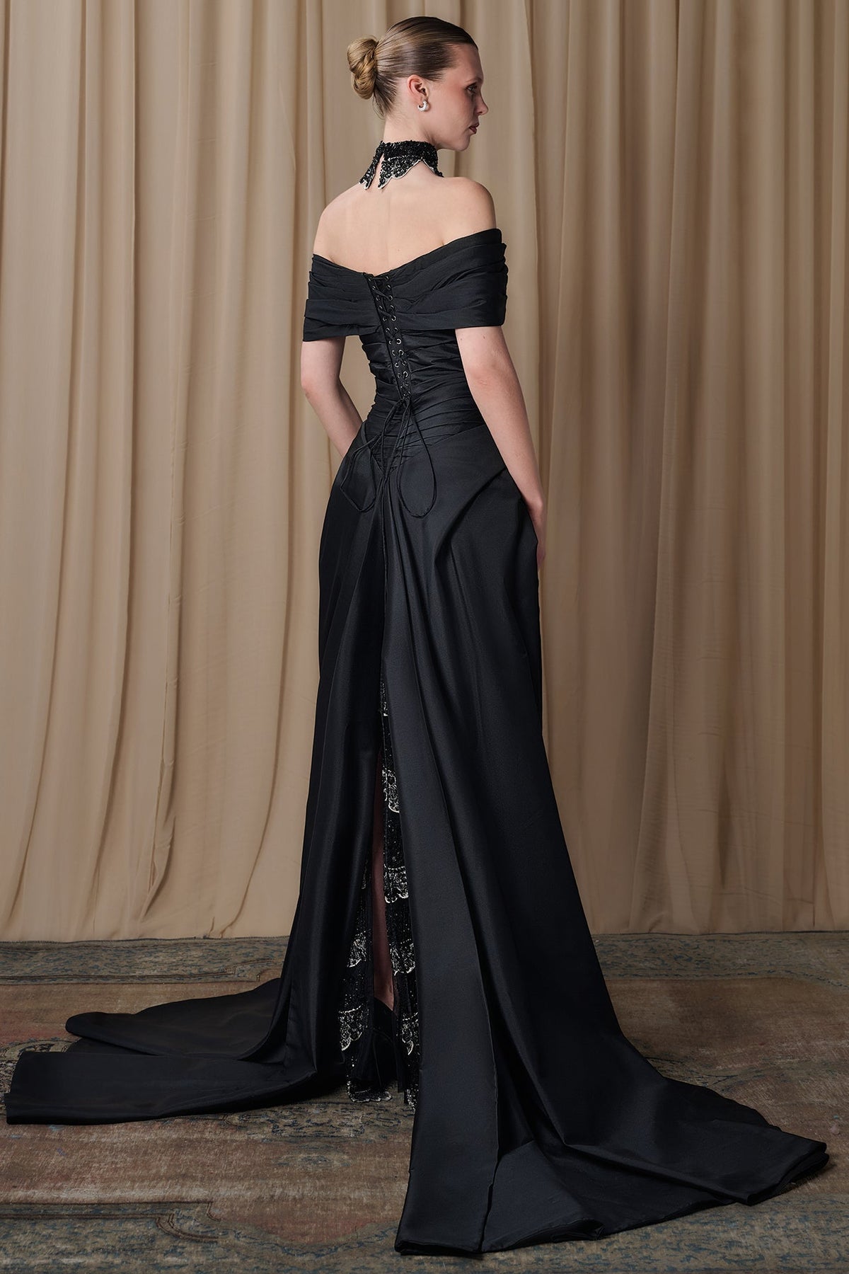 Off-Shoulder Satin Overskirt Gown