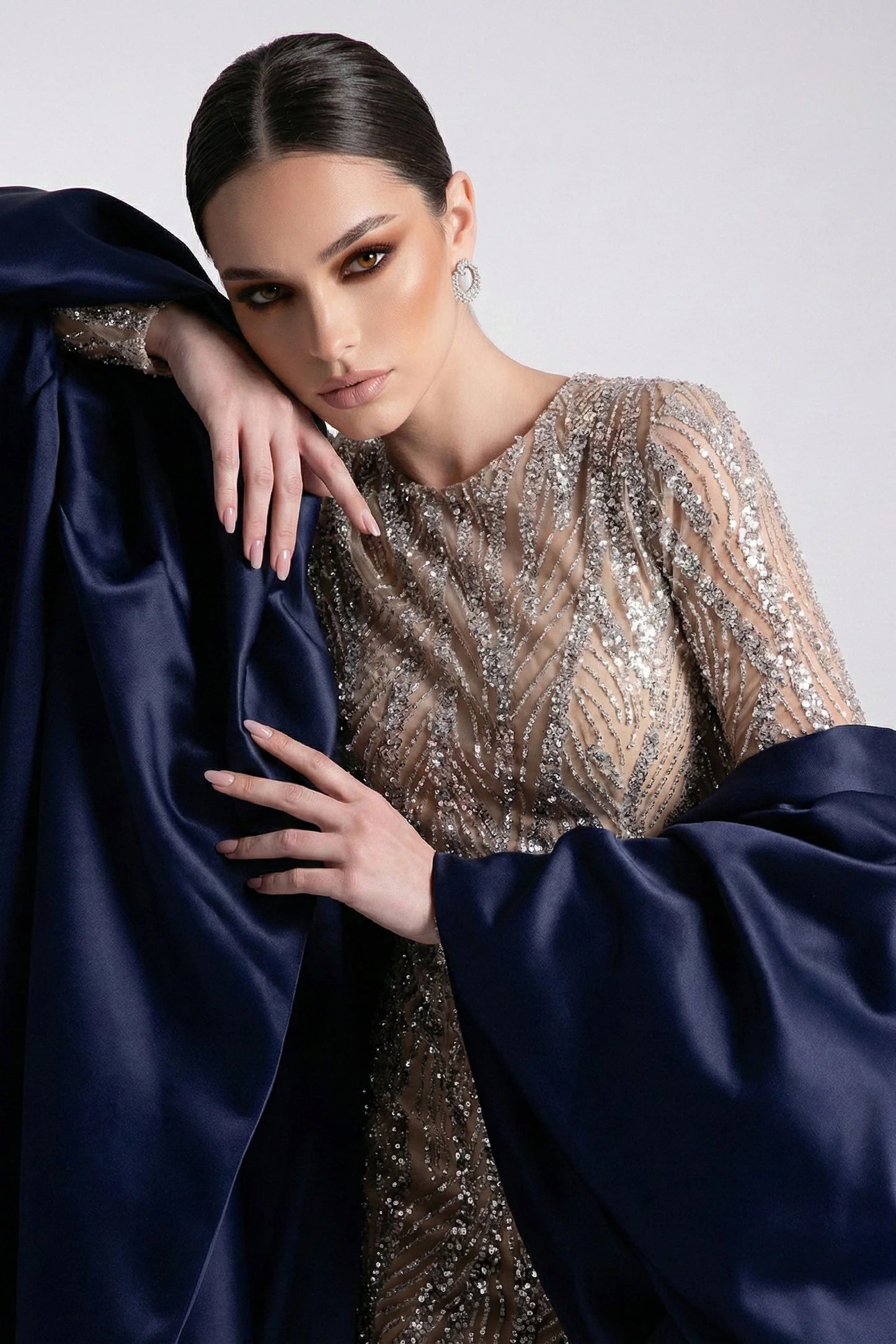 Embellished Long Sleeve Gown with Cape