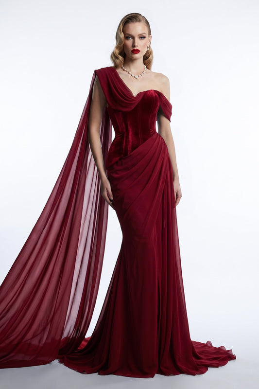 Velvet Corset Cape Gown