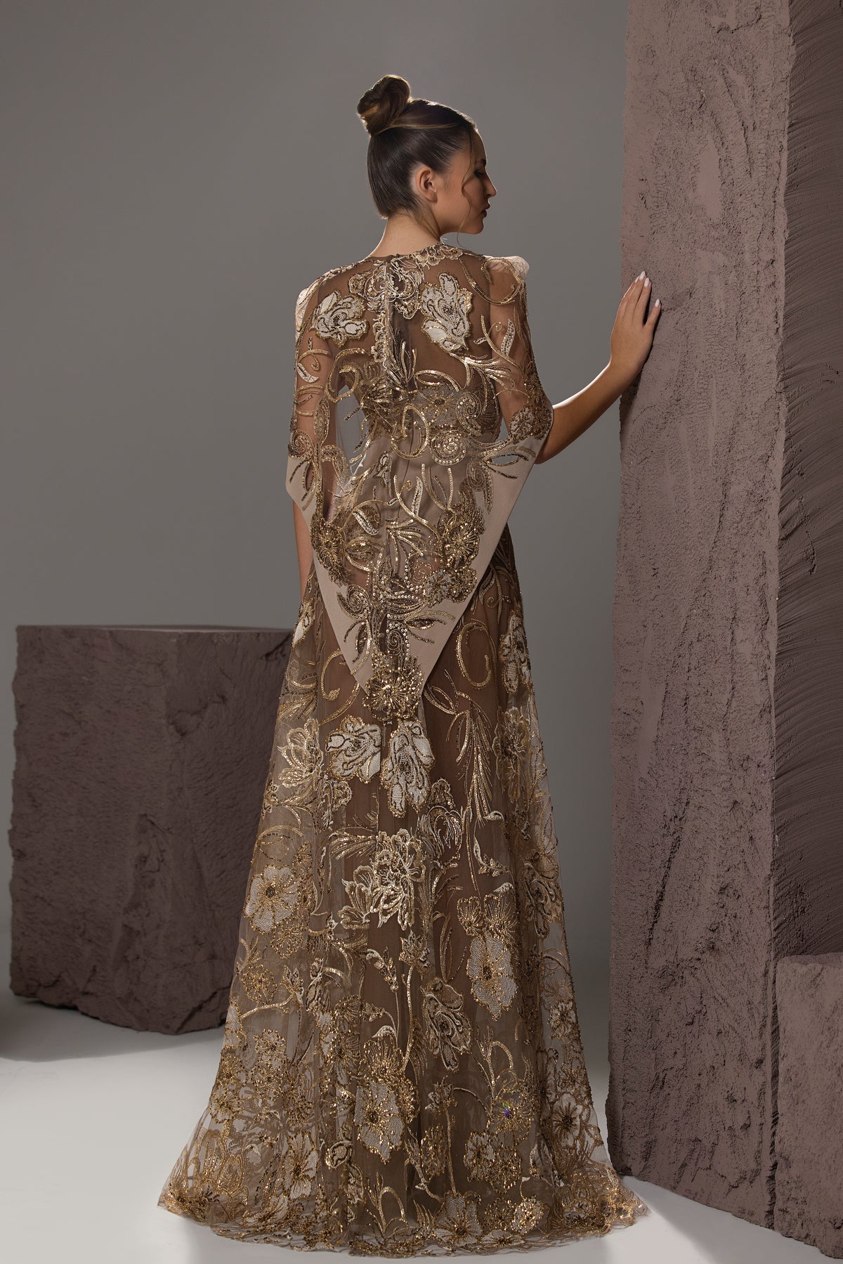 Embroidered Capelet Gown