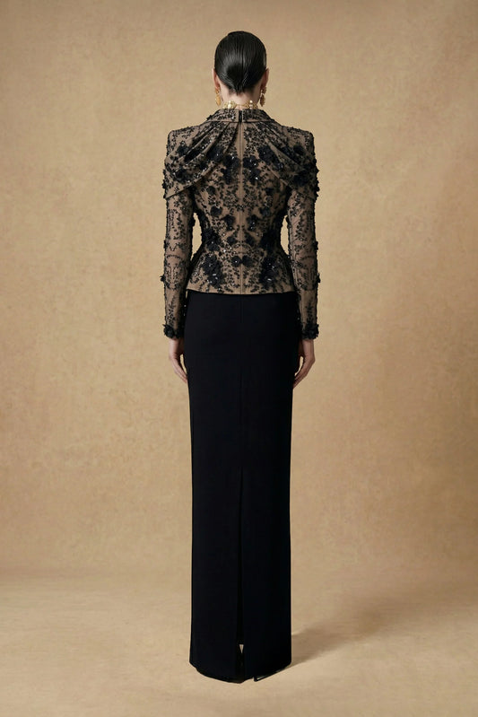 Embellished Lace Column Gown