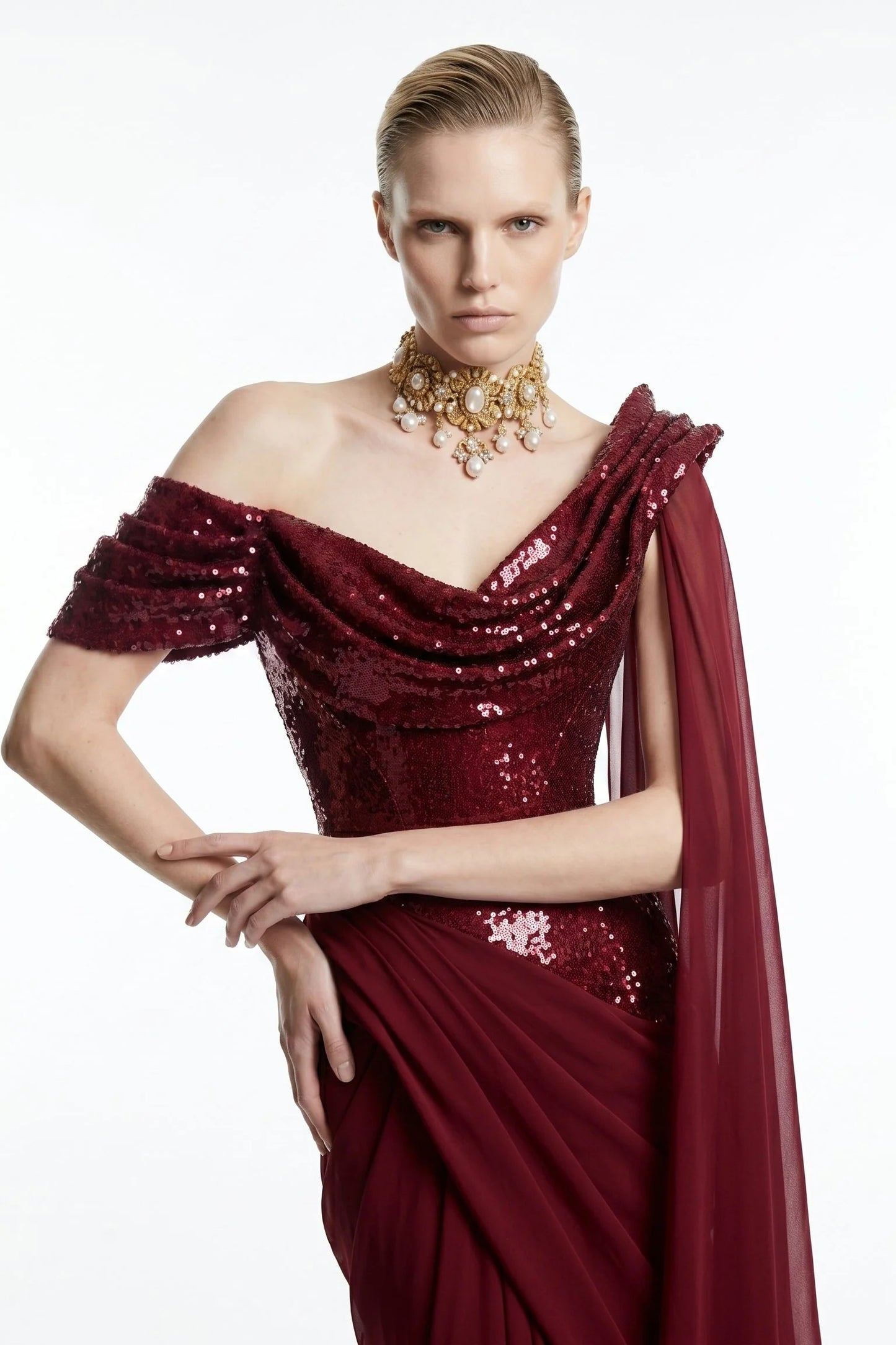 Sequin Cowl Neck Gown