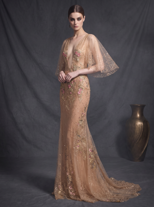 Sheer Flutter Sleeve Gown