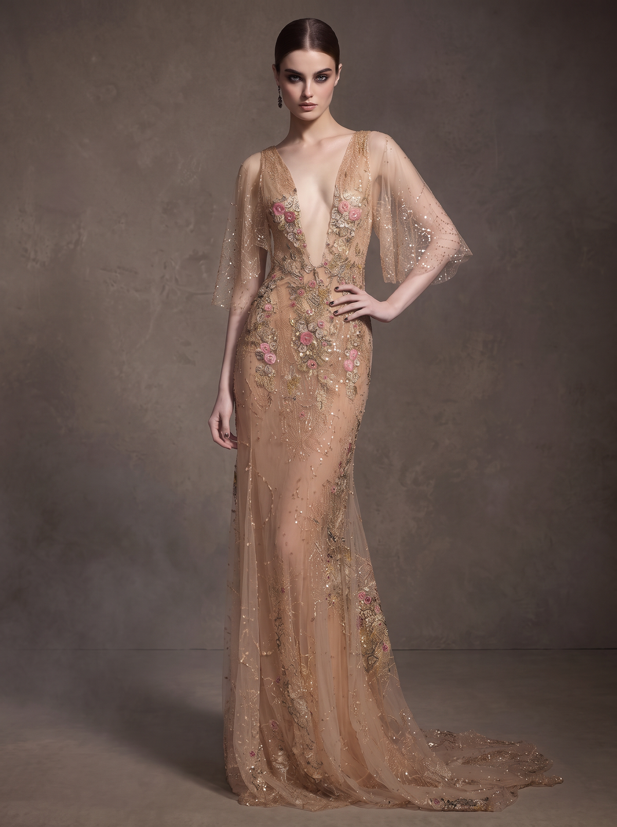 Sheer Flutter Sleeve Gown