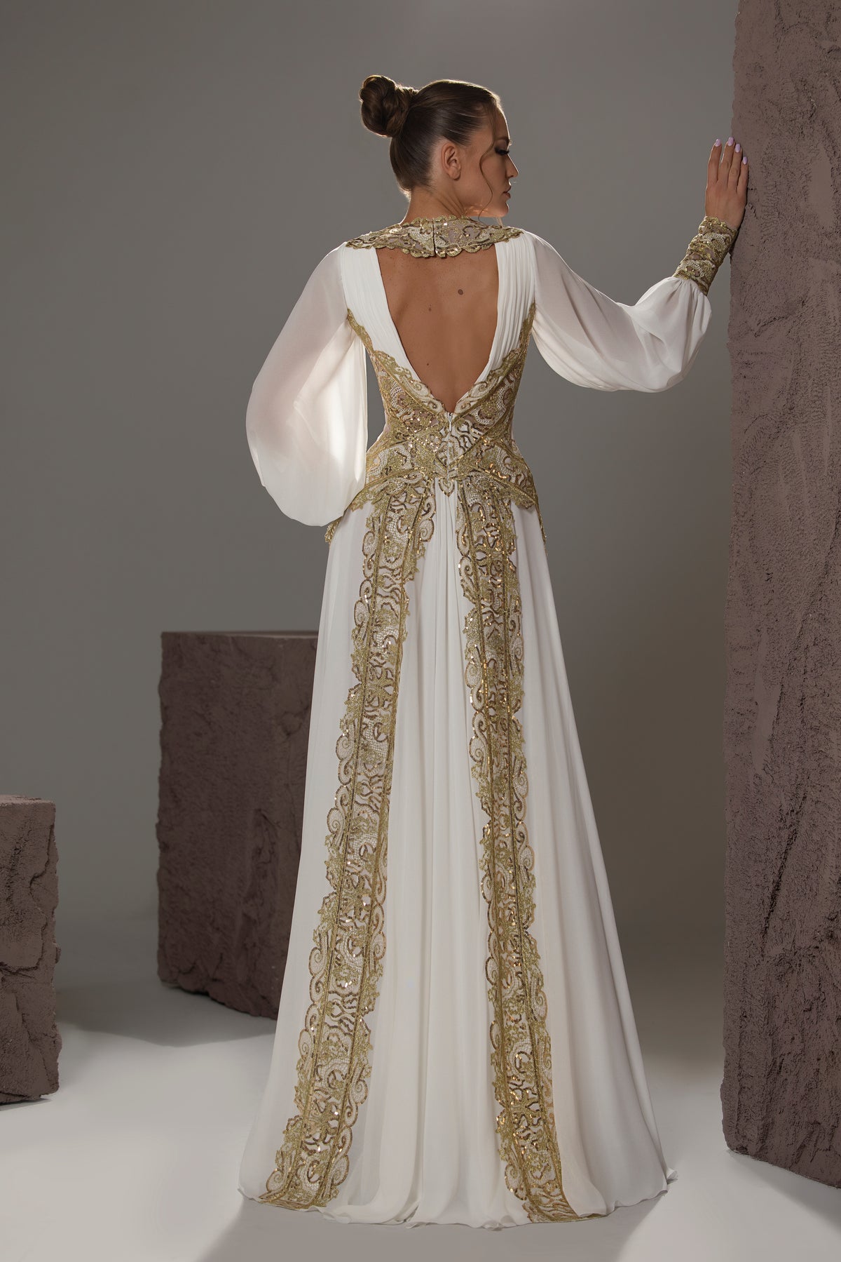 V-Neck Embroidered Chiffon Gown