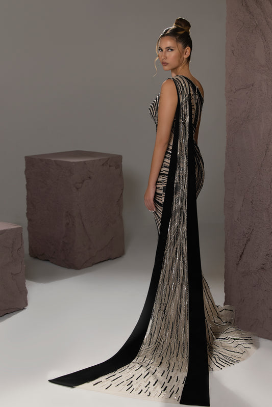 Beaded Cape Mermaid Gown