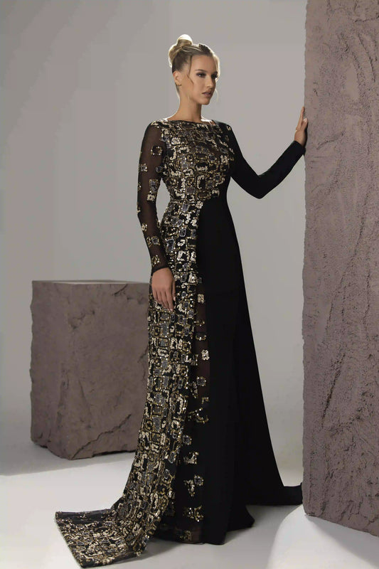 Sequined Cape-Sleeve Gown