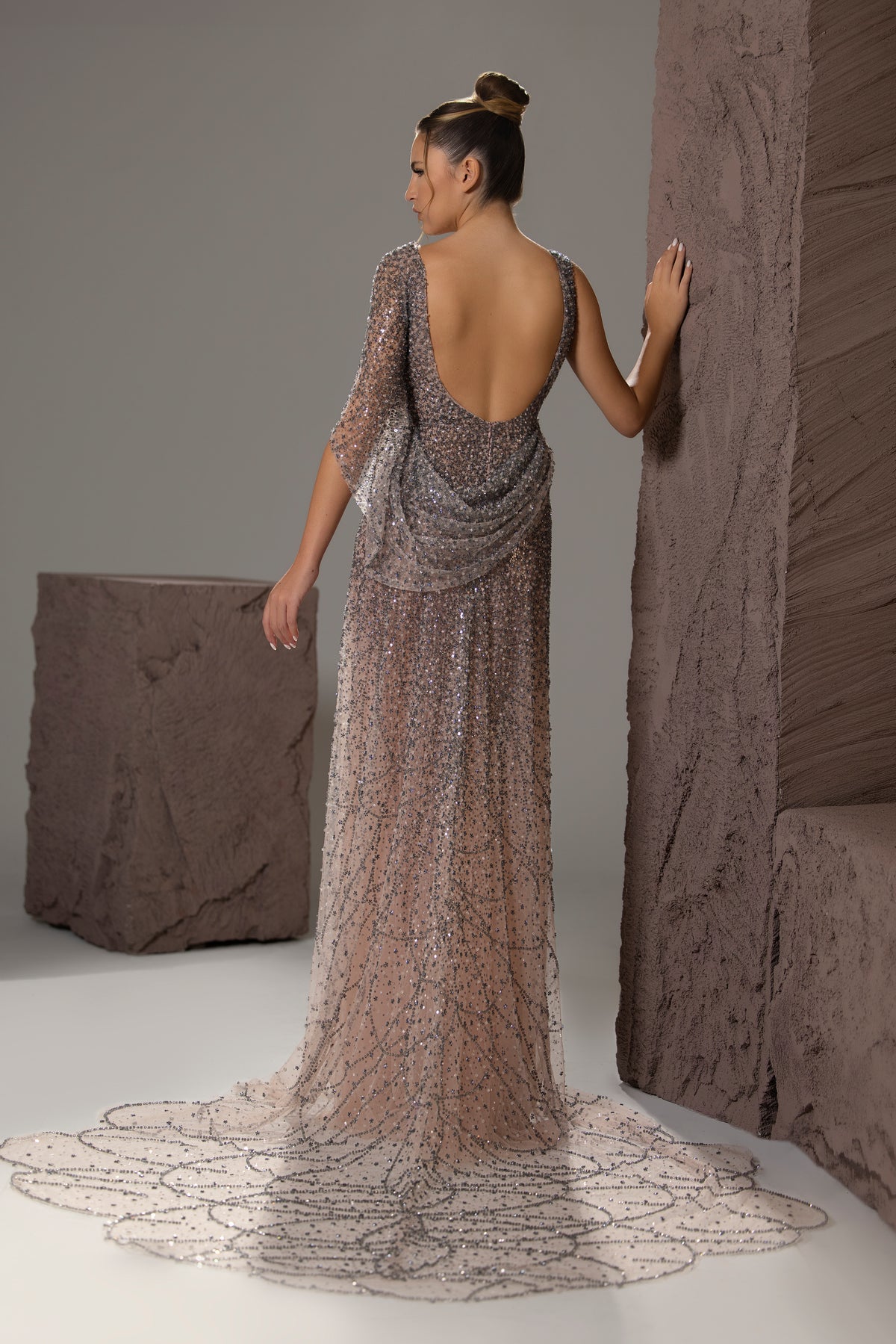 Sequin Cape-Sleeve Gown