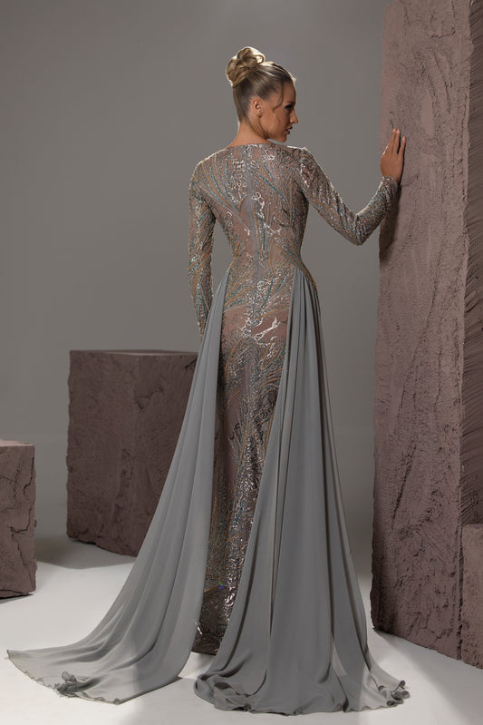 Long-Sleeve Embellished Mermaid Gown