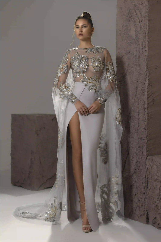 Appliqué Illusion Cape Gown