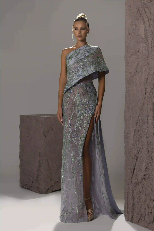 One-Shoulder Draped Beaded Gown