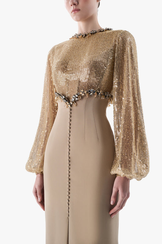 Sequined Bodice Crepe Gown