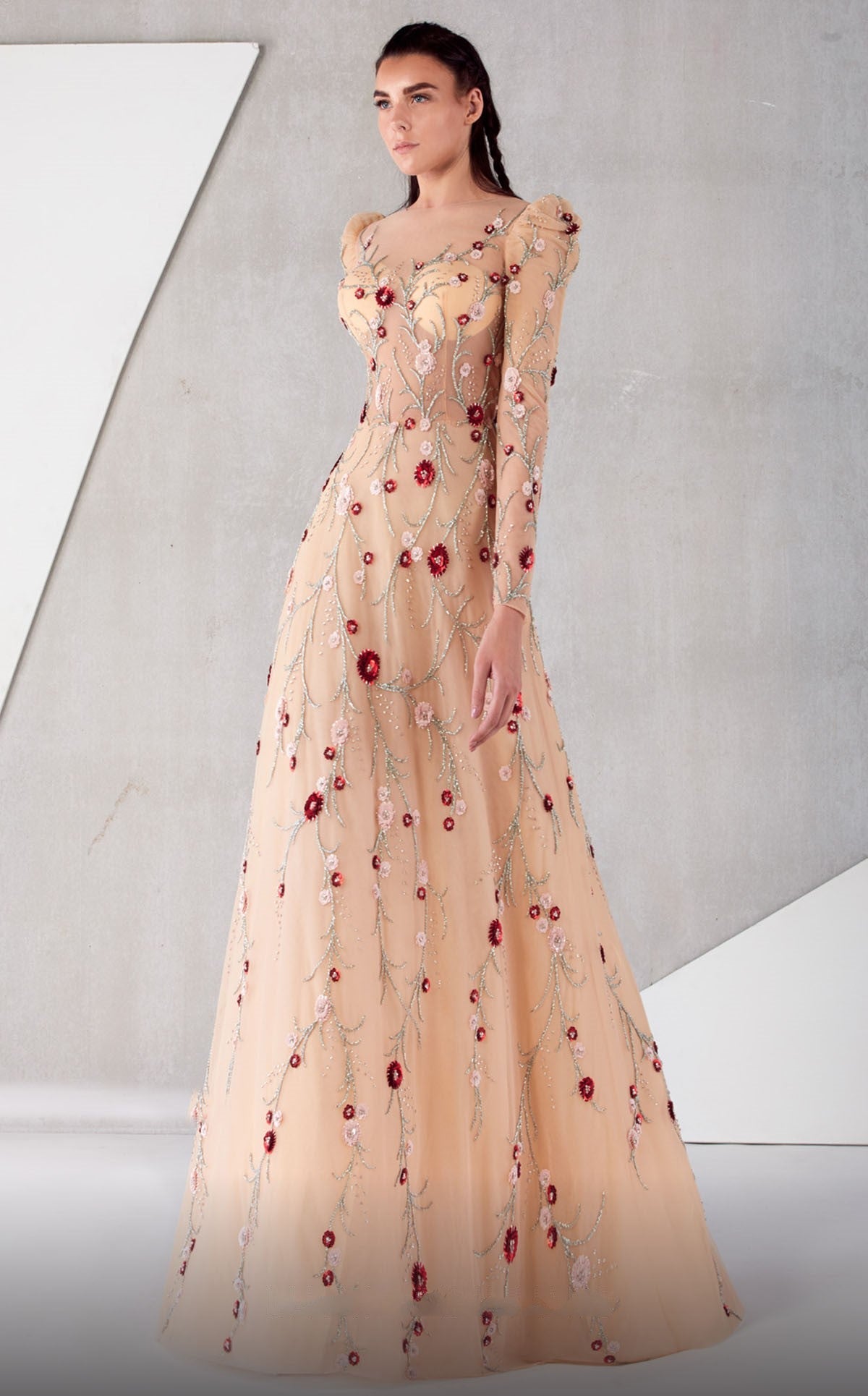 Long Sleeve Embellished A-Line Gown