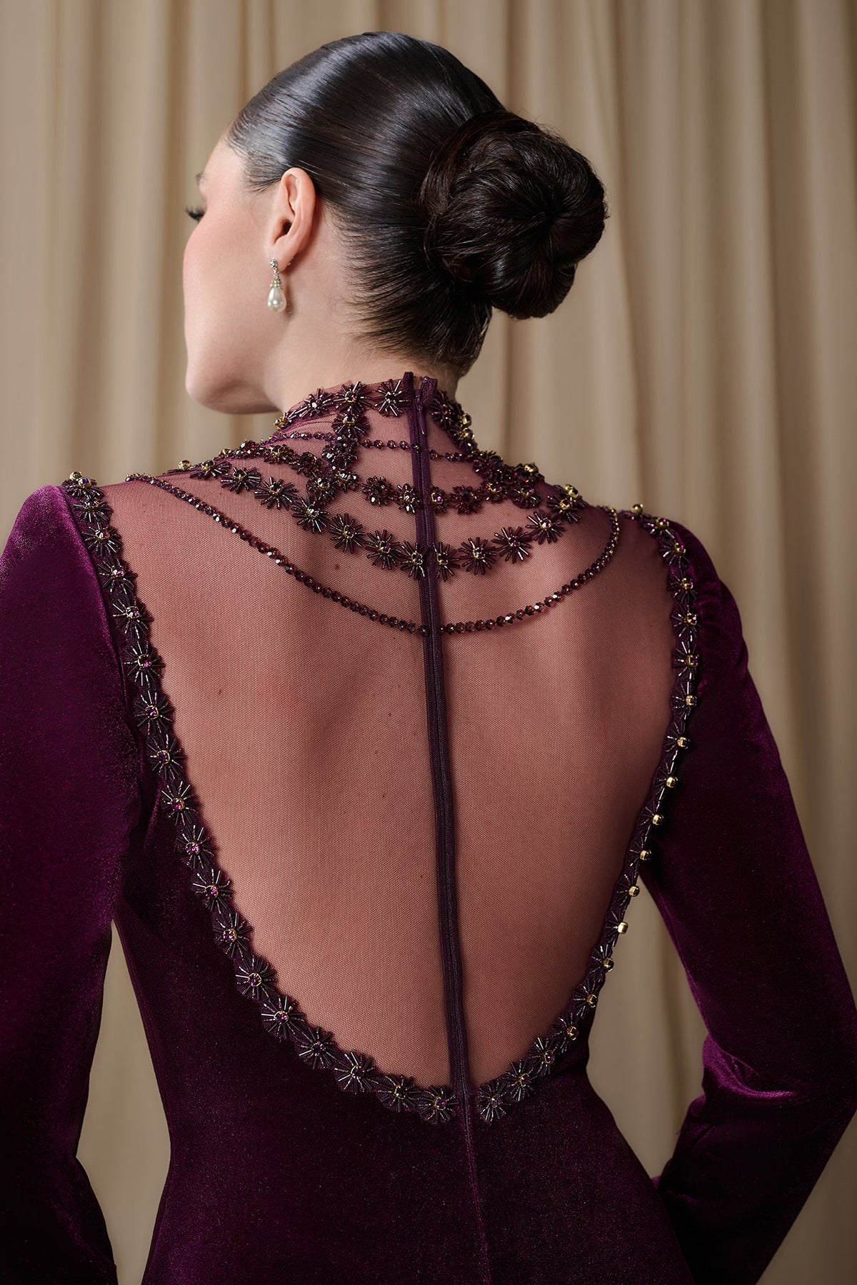 Beaded Mock-Neck Velvet Gown