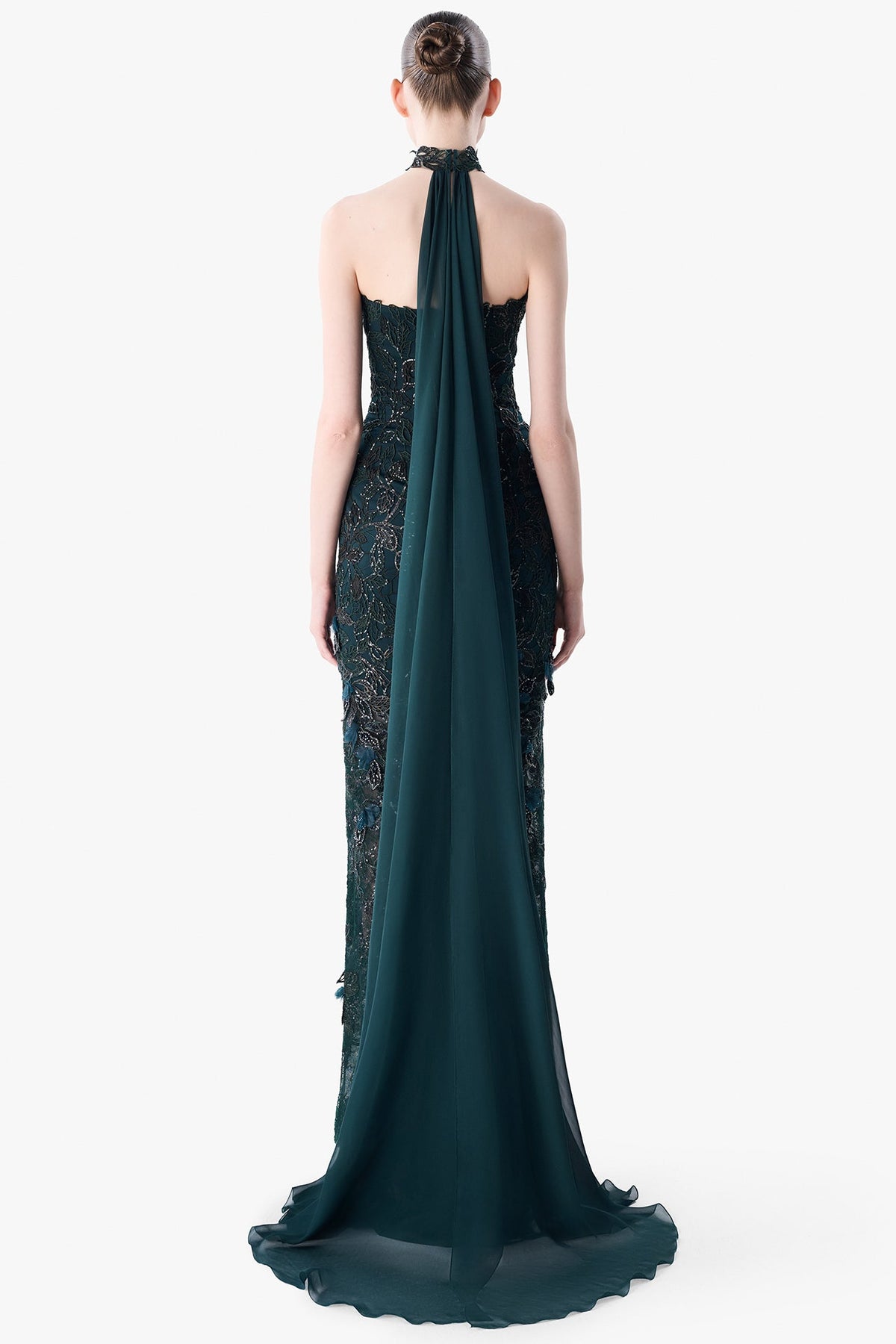 Embroidered Strapless Gown with Choker Cape