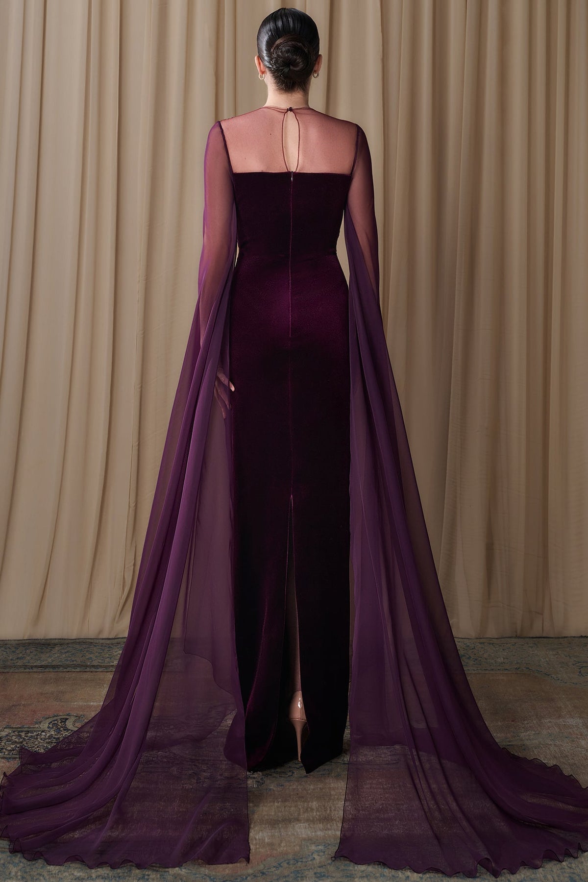 Velvet Cape-Sleeve Gown