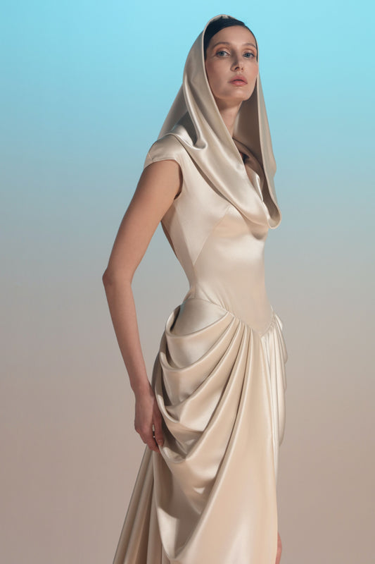 Hooded Draped Satin Gown