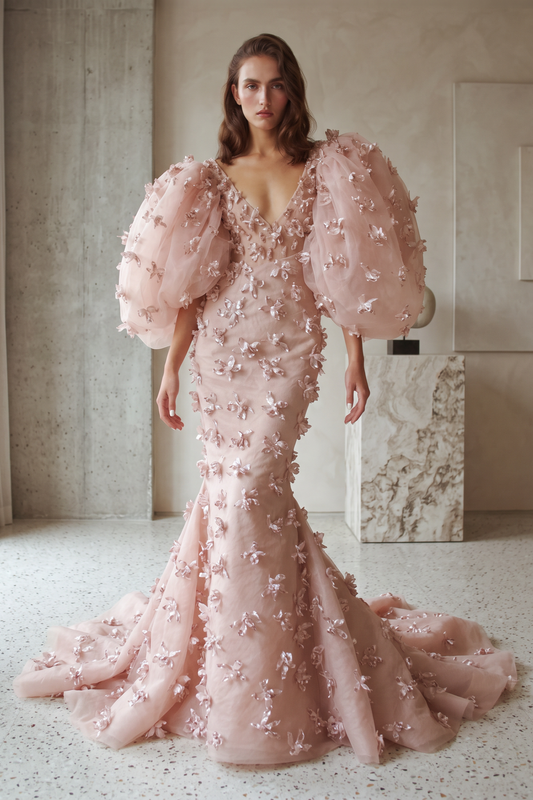 Vestido de gala de sirena floral con mangas abullonadas
