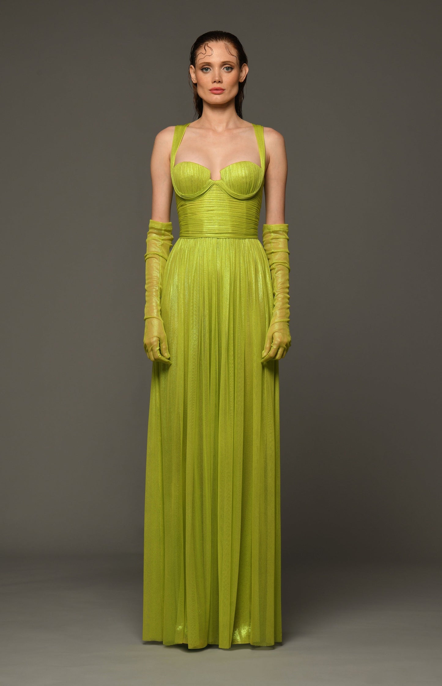 Sleeveless Draped Silk Foiled Tulle Gown