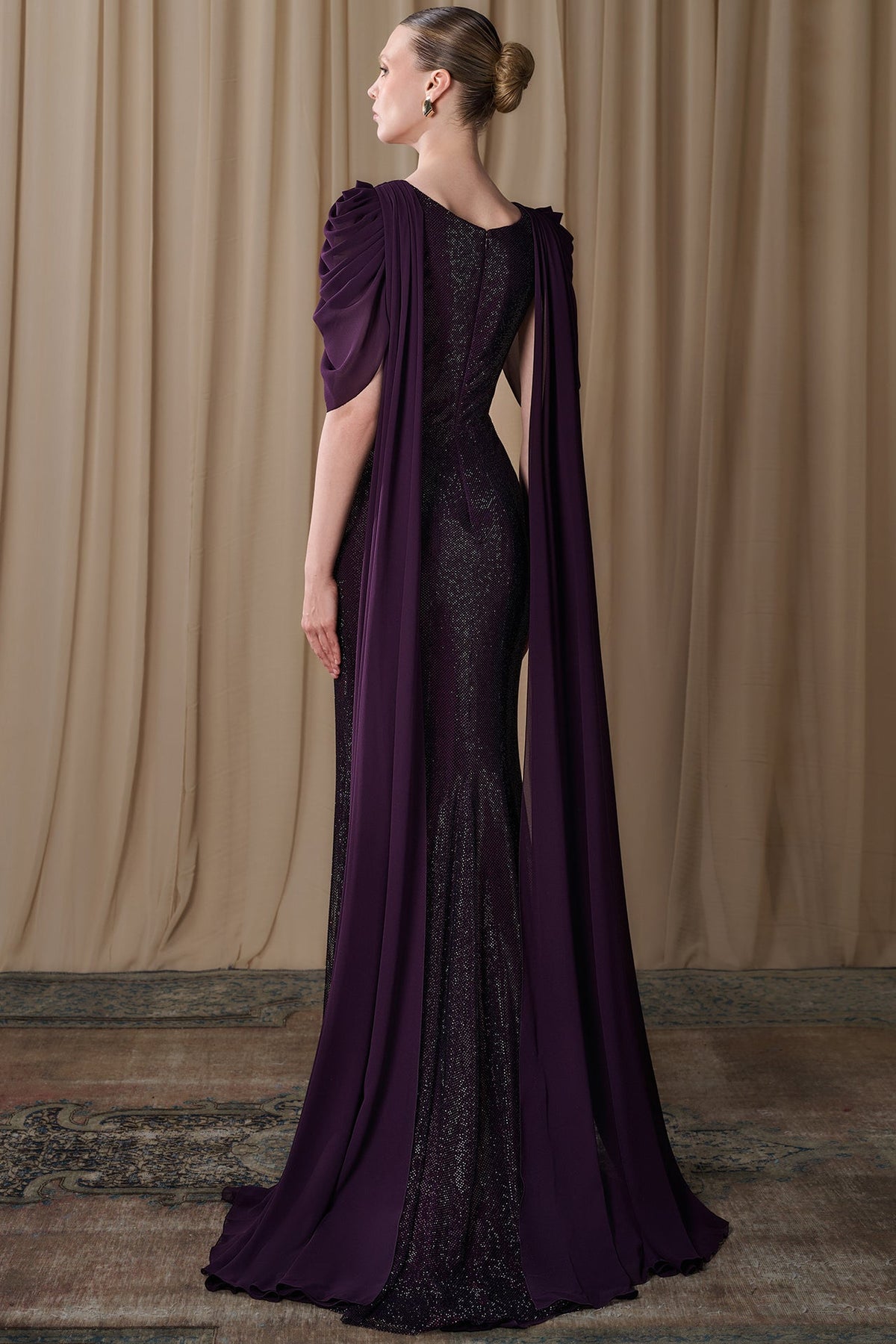 Cowl-Draped Crystal Mesh Gown