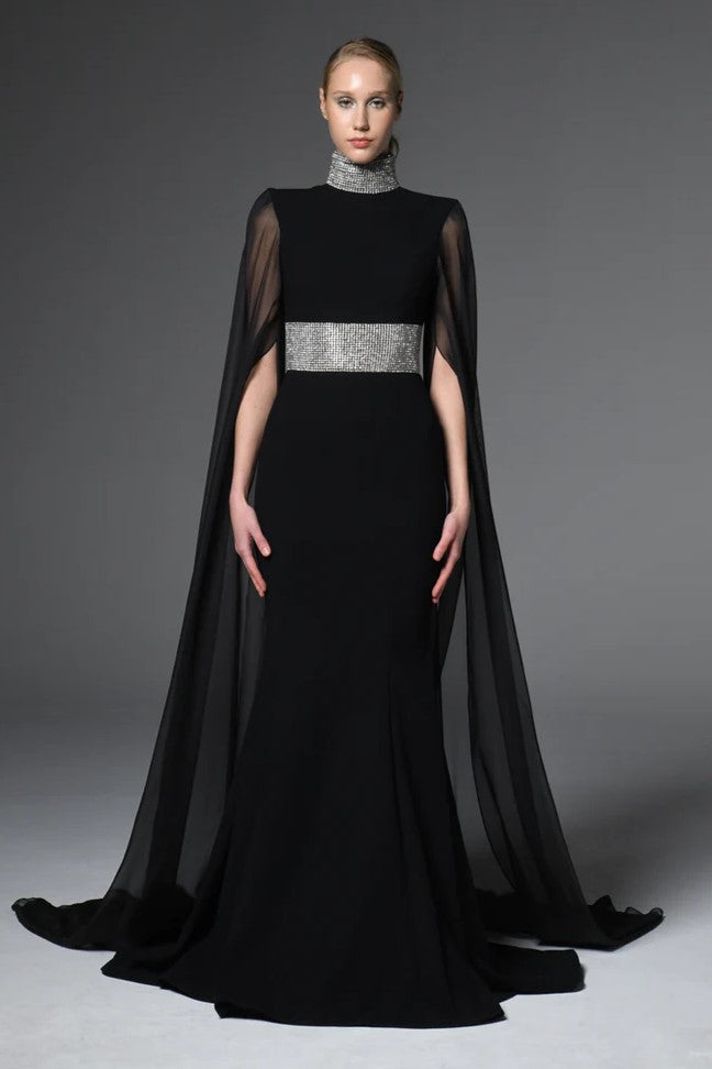 Crepe Gown with Chiffon Sleeves