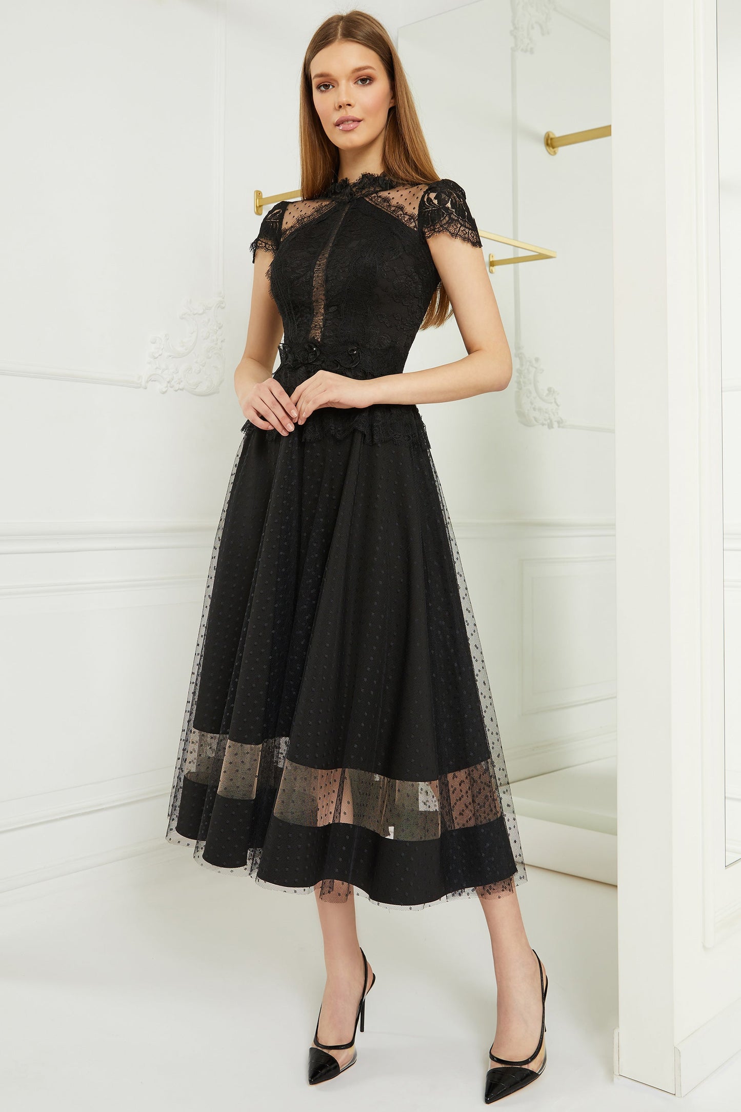 Embroidered Velvet and Lace Midi Dress