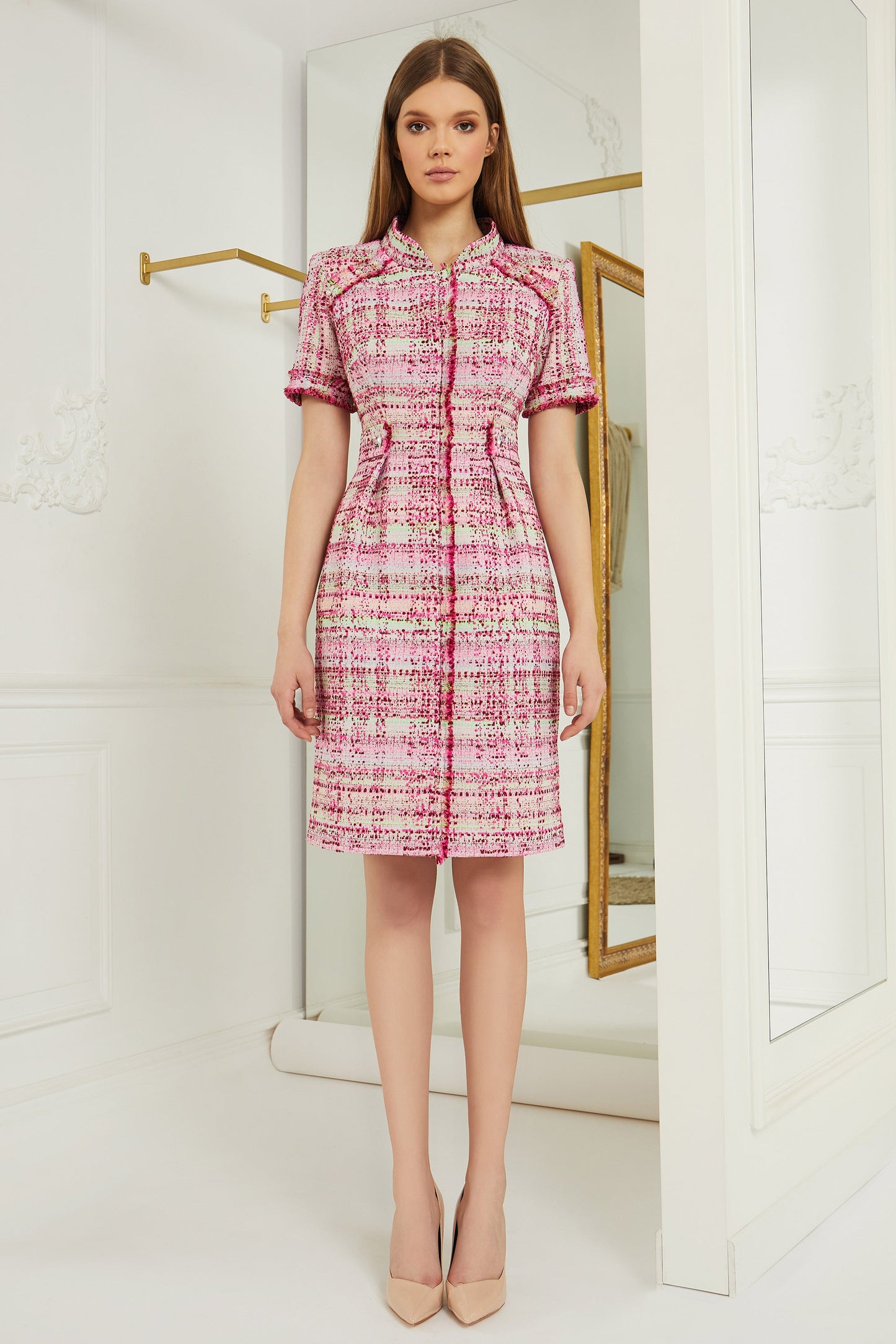 High Neck Short Sleeve Tweed Dress