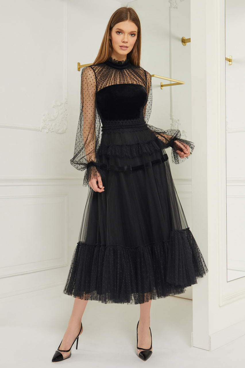 Long Sleeve Velvet and Lace Midi Dress