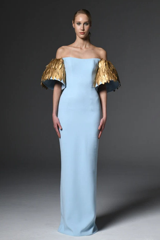 Crepe Gown with Feathers on Sleeves