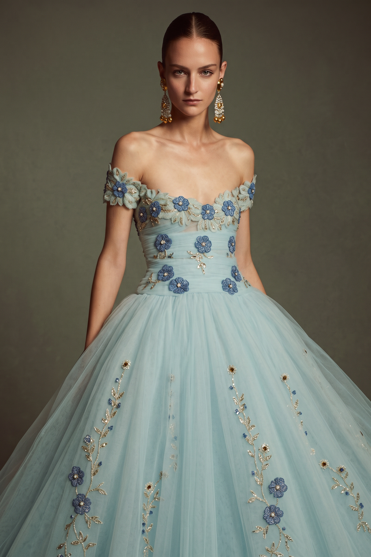 Off-Shoulder Floral Sky Gown