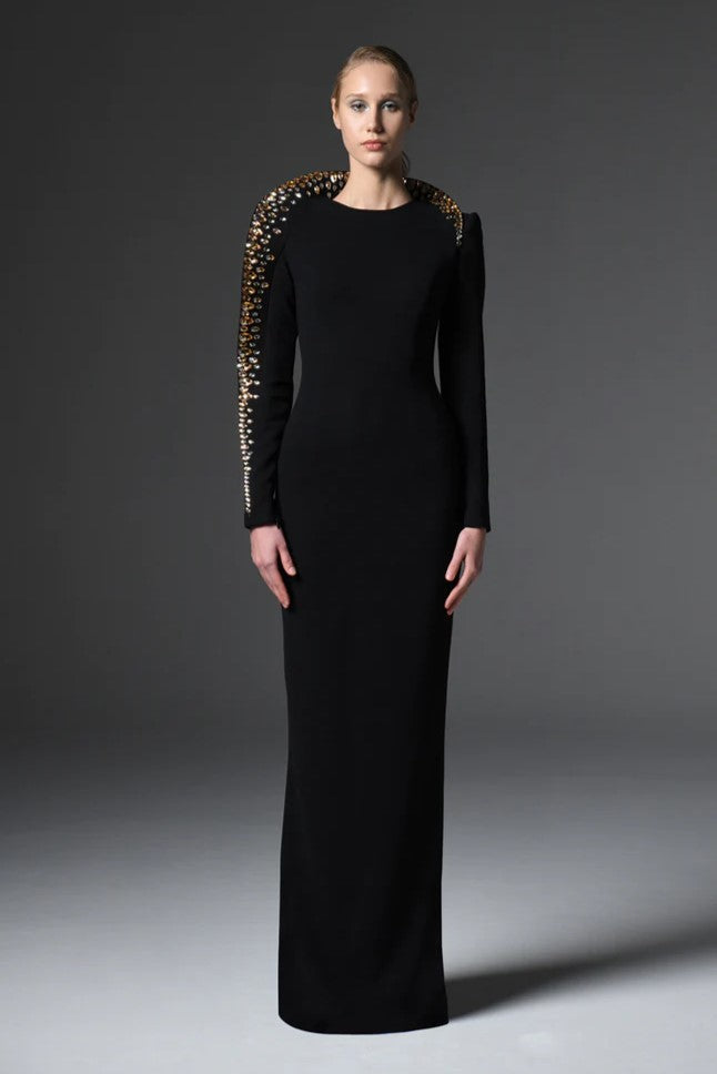 Crepe Gown with Embroidered Collar