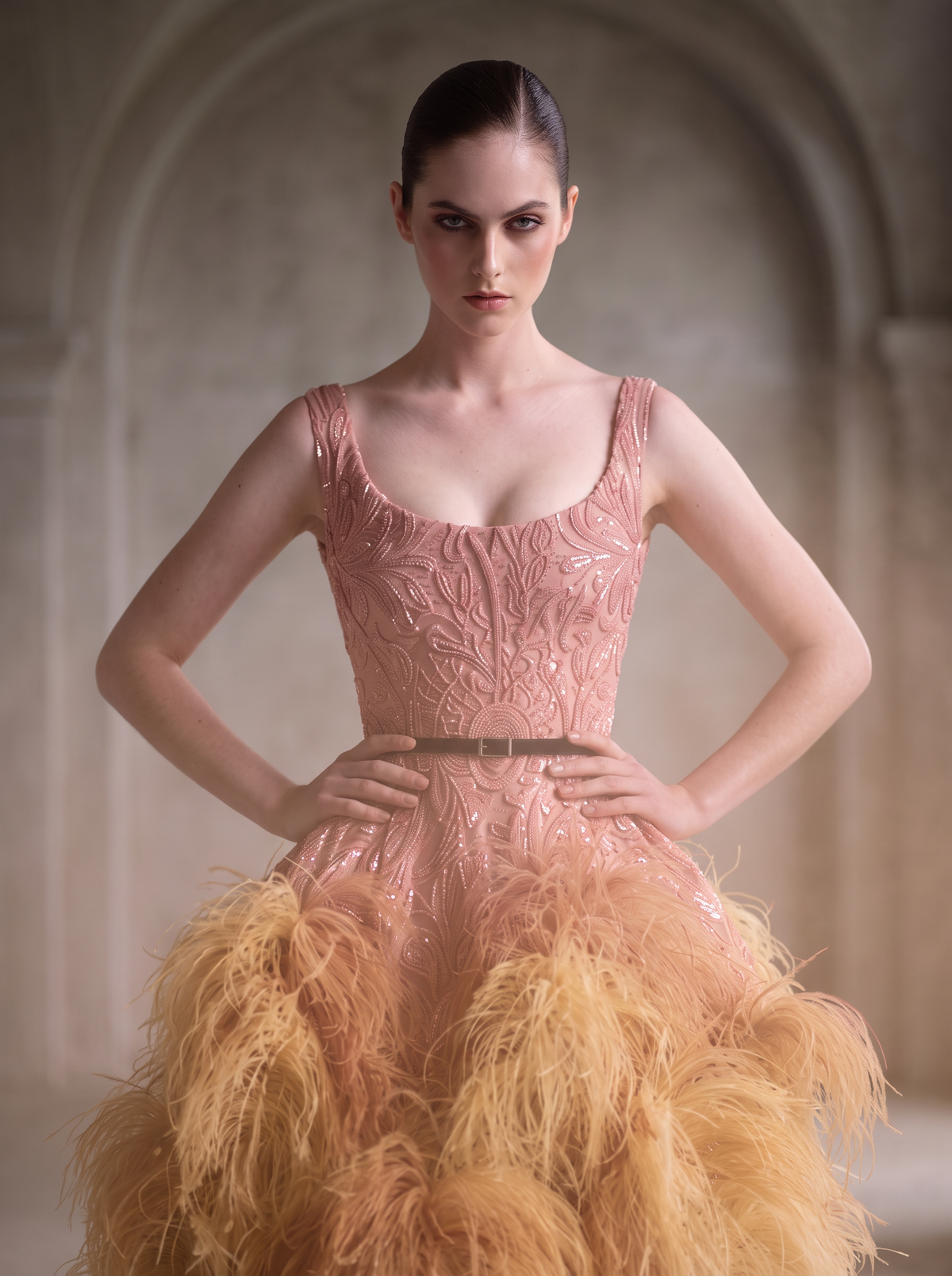 Sleeveless Feather Ball Gown