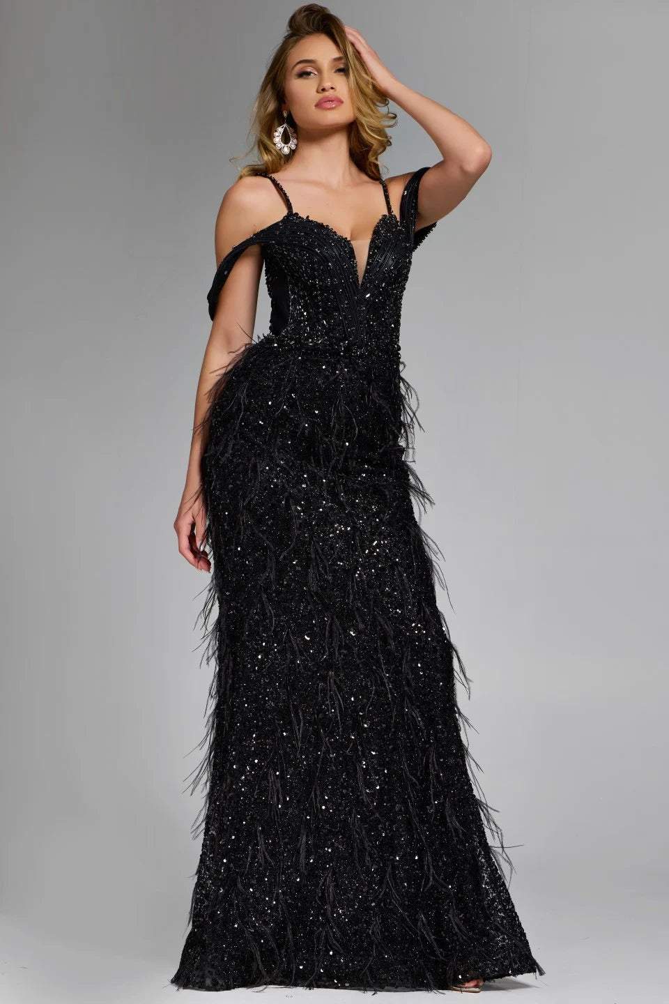 Feathered Plunge Gown with Dazzling Embellishments