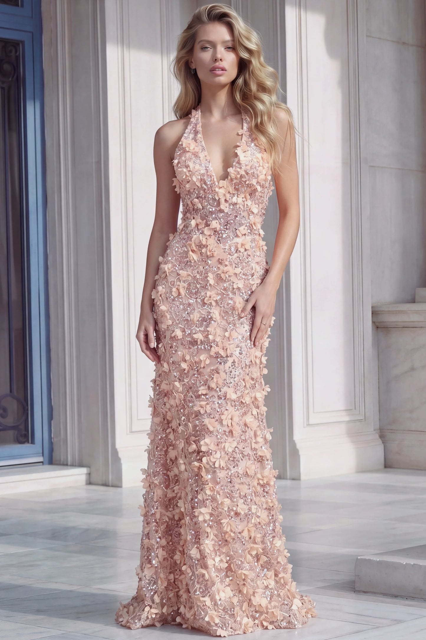 Blush 3D Floral Mermaid Gown