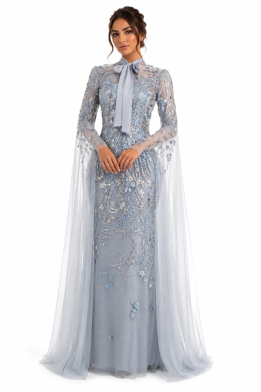 High-Neck Tulle A-Line Gown with Mousseline Detail